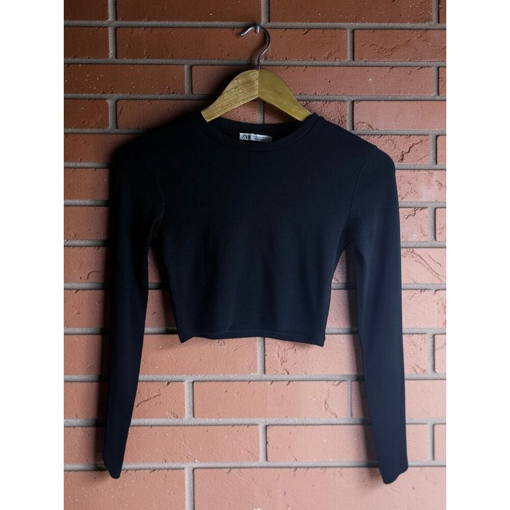Zara Black Long Sleeve Cropped Top Women's Medium Stretch Basic Shirt